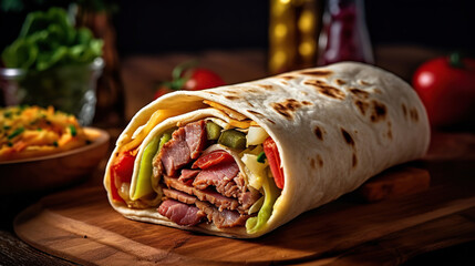 Traditional mexican tortilla wrap with chicken meat and vegetables on wood table. Generative Ai