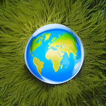 Globe of the Earth in a water droplet on a mossy field for World Environment Day