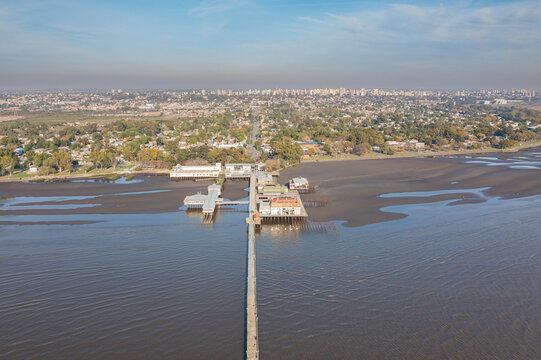 Aerial view of the coast of the Rio de la Plata in the city of Quilmes.