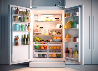 Fridge shelf full of different fresh and tasty food and drinks. Generative Ai