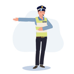A traffic police blowing whristle and give way to another way. Flat vector cartoon illustration
