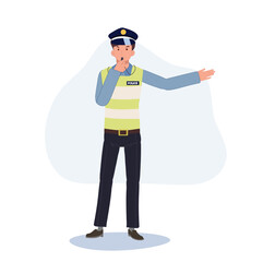 A traffic police blowing whistle and doing hand sign as go to another way. Flat vector cartoon illustration