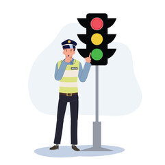 A traffic police blowing whistle and pointing index finger to red traffic light. Flat vector cartoon illustration