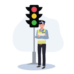 traffice control concept. A traffic police near traffic light. Flat vector cartoon illustration