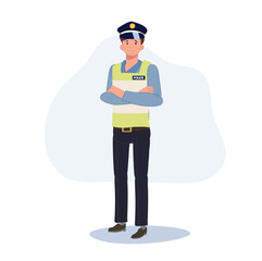 A sad traffic police is standing with arms crossed and thinking. Flat vector cartoon illustration