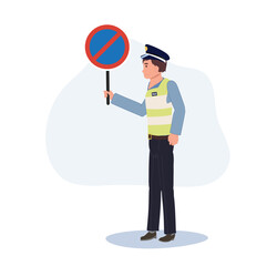 A traffic police holding NO PARKING sign. Flat vector cartoon illustration