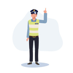 A traffic police is pointing index finger up and give suggestion. Flat vector cartoon illustration