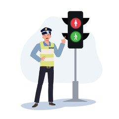 A traffic police is pointing index finger to traffic light to teaching traffic rule. Flat vector cartoon illustration