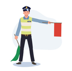 Fototapeta premium A traffic police is holding red flag up. as a sign do not walk. Flat vector cartoon illustration