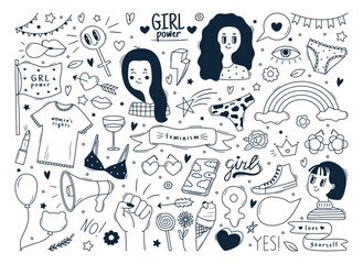 Set of cute hand drawn doodles about women and feminism. Girl power outline illustrations. Woman rights concept. Black line vector stickers