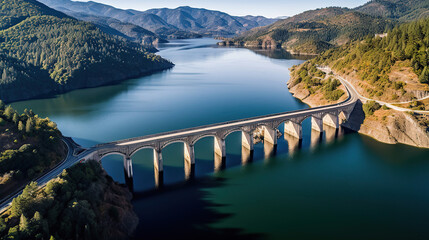 Fototapeta na wymiar Aerial panoramic view of Hydroelectric Dam on river. Generative Ai