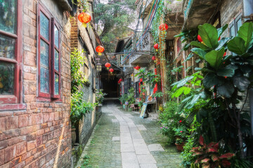 Foshan city, Guangdong, China.  Narrow streets  of ceramics Village, Ancient Nanfeng Kiln Cultural and Creative Zone, Shiwan Town. 