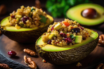 Avocado Halves Filled With Quinoa And Vegetable Stuffing. Generative AI - obrazy, fototapety, plakaty