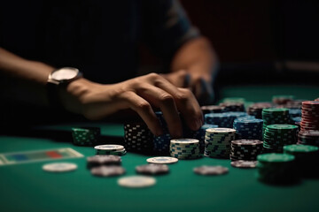 Closeup Of Male Dealers Hand In Casino On Green Table With Chips. Generative AI