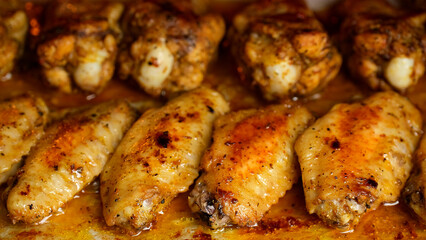 Fry chicken wings in the oven, close up
