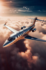 Celestial Skies Exploration: Private Jet Soaring into a Captivating Sunset