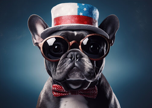 French Bulldog wearing sunglasses bowtie and top hat in colors of american flag. Independence day, 4th of July celebration. Generative Ai image