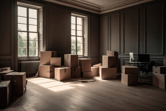 Lots Of Boxes On The Floor In Empty Room With Laptop On Top. Generative AI