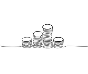 Stacks of coins of different heights, cents, kopecks, pennies one line art. Continuous line drawing of bank, money, finance, financial, payment, data, savings, economic, wealth, credit