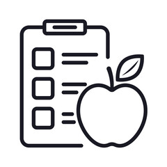 Diet chart line icon, checklist and apple in outline style.