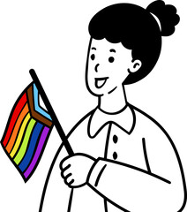 People holding posters, symbols, signs and flags with lgbt rainbows, gay parade, pride month. Human rights. Hand drawn vector illustration in flat cartoon style, isolated on pink background.