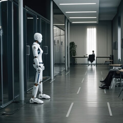 A robot in the office. The concept of replacing humans with a robot