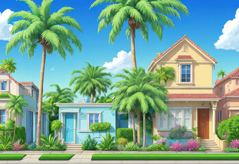 Fototapeta na wymiar Row of houses and palm trees in front of them. Decorative cityscape in animation style. Generative AI