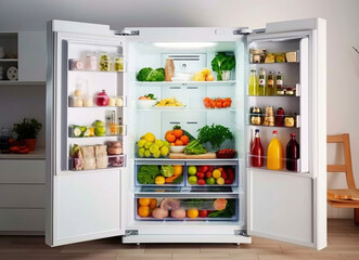 Fridge shelf full of different fresh and tasty food and drinks. Generative Ai