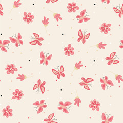 Kids Seamless pattern with cute butterflies and flowers. Vector illustration in simple childish style