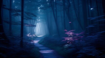 Mysterious foggy forest at night with a path leading to the light. Generative ai