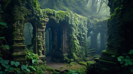 Naklejka premium Mysterious old stone archway in a mysterious green forest. Generative ai