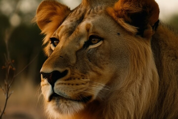 Naklejka premium Close-up of a lion cub's face. Portrait of the king of beasts. generated ai