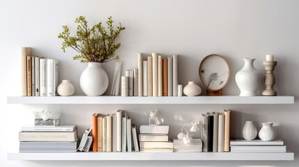 Obraz na płótnie Canvas White shelves with white books and decor, light white interior of living room or cabinet in house, stylish and cozy design in minimalist style. Generative Ai