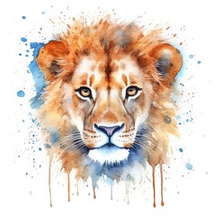 Lion portrait watercolor on white background.