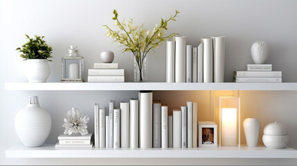 White shelves with white books and decor, light white interior of living room or cabinet in house, stylish and cozy design in minimalist style. Generative Ai - obrazy, fototapety, plakaty