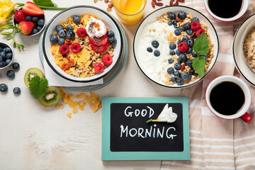 Healthy breakfast set. The concept of delicious and healthy food.