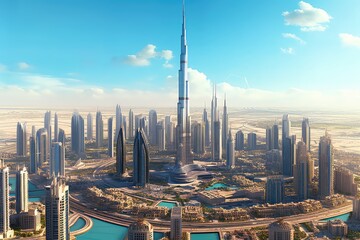 Dubai picture style, art. Cityscape: A panoramic view of Dubai's skyline, captured from a distance. © Man888