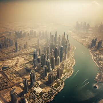 Dubai Skyline Aerial View: A photograph of Dubai's skyline captured from an airplane or a helicopter. 