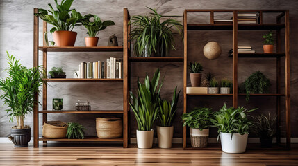 Houseplants, books and other interior items are located on a wooden shelf. home decor, natural. Generative Ai