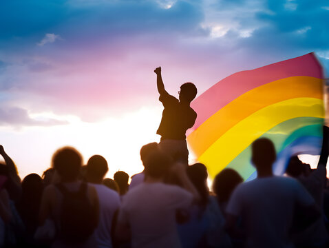Silhouette of pride parade people. LGBTQ pride. AI generated