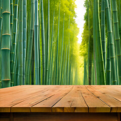 Beautiful empty wooden table top on blur soft focus bamboo forest background. generative ai.
