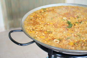 Traditional Fideua from Spain, a typical pasta made with paella ingredients