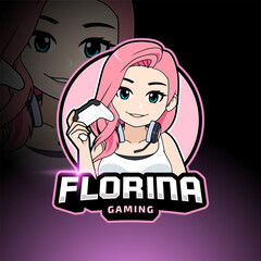 Cute pink hair gamer girl with console gaming e sport logo vector
