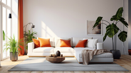 White living room with sofa. Scandinavian interior design. Generative Ai