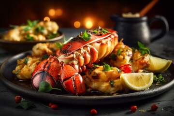 Lobster dish in a plate with vegetables and lemon. Seafood on the table with vegetables and boiled lobster. Generative AI