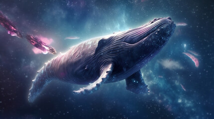 Cosmic Whale Simming in Space, digital ai art.