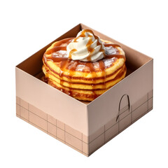 Pancakes in a paper box are presented beautifully, transparent isolated