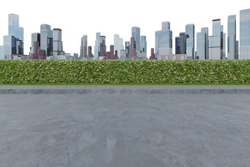 Empty concrete floor with panoramic city view. 3d rendering of isolated objects.