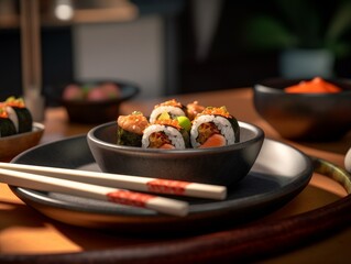 Tamari alongside a bowl of sushi and some chopsticks