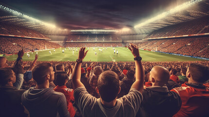 Back view of football, soccer fans cheering their team stadium at evening time.. Generate Ai. - obrazy, fototapety, plakaty